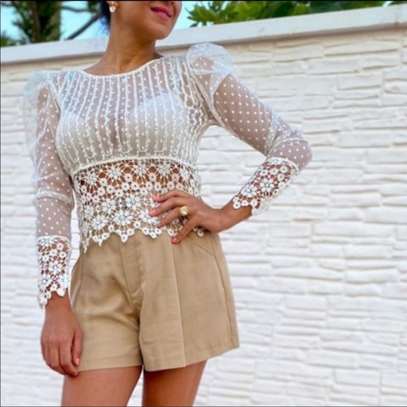 NWT ZARA Dotted Mesh Top/Crocheted hem embellished w/Beading/Pearls Sheer Blouse - Picture 5 of 13
